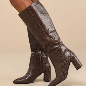 Princess Polly Chocolate Croc Heeled Boots